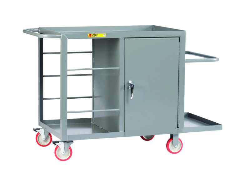 Meet the Little Giant Wire Reel Cart with Cabinet: a gray cart with red wheels, side shelves, and a lockable cabinet. Engineered for efficiency, it includes handles on both sides and a flat bottom shelf for convenience.