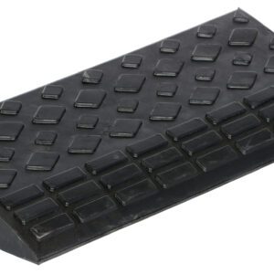 The Vestil Hd Rectangular Rubber Ramp 23.625 Wide includes a black plastic wheel chock with a textured, non-slip surface and angled ramp design. Its diamond-shaped patterns enhance grip to effectively prevent vehicle movement.
