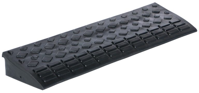 A Vestil HD rectangular rubber ramp, 34.875 inches wide, in black with a diamond pattern surface, designed to provide a smooth incline for improved accessibility or bridging small height differences.