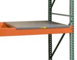 A close-up of the Little Giant Solid Steel Rack Decking shows an orange beam and flat gray shelf panel. The green vertical support beams have perforated holes, and a small yellow and red label is on the front beam.