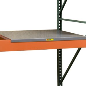 A close-up of the Little Giant Solid Steel Rack Decking shows an orange beam and flat gray shelf panel. The green vertical support beams have perforated holes, and a small yellow and red label is on the front beam.