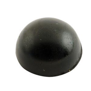 A sleek, black dome-shaped item, similar to the Vestil Rounded Rubber Dome Bumpers 1.25X1.25 In, stands boldly against a pristine white background.