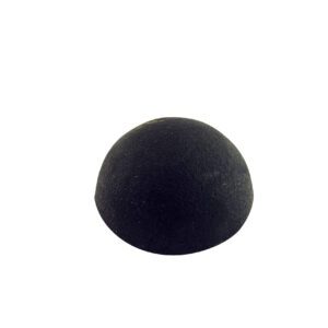 A small, smooth black oval object resembling a stone or egg is centered against a plain white background, similar to the sleek design of Vestil Rounded Rubber Dome Bumpers 2 x 2.5 In.