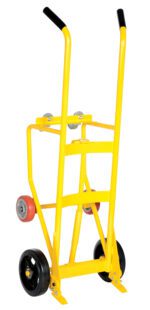 The Vestil Drum Truck Cradle W/Mold-On-Rubber Wheel, in bright yellow, has two handlebars for moving heavy items and features two large black mold-on-rubber wheels and smaller red wheels for stability and maneuverability.