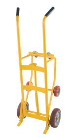 The Vestil Drum Truck Cradle W/Poly-On-Poly Wheels features a bright yellow sturdy frame, two large red poly-on-poly wheels, two smaller rear wheels, and black handles for easy transport of heavy items.