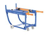 The Vestil Rotating Drum Cart Steel Wheels 1K features a blue and orange design, handle, black rollers, four wheels (two large at the base and two swivel casters), and is ideal for organizing and transporting materials.