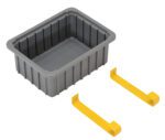 A gray plastic storage bin with vertical side ridges comes with two yellow L-shaped brackets for potential mounting. Its design, echoing functional utility items, resembles the Vestil Rotating Drum Cart - Optional Drip Pan against a plain white background, highlighting simplicity and practicality.