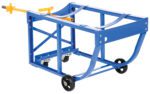 The Vestil Rotating Drum Cart Poly 800Lb, featuring a sturdy blue metal frame and yellow handle, is ideal for transporting heavy goods. Designed for easy maneuverability, it includes two swivel wheels at the rear and two fixed wheels at the front.