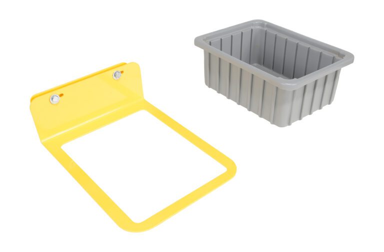 RDC-60-DPN_A.jpg A gray rectangular plastic bin with straight sides sits next to a yellow rectangular frame resembling the Vestil Rotating Drum Cart. It has two top corner bolts for durability and is compatible with an optional drip pan.