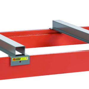 Two gray rectangular metal brackets attach to a red metal beam, resembling parts of the Little Giant Rack Deck Clearance Bar. Yellow caution labels enhance safety in this industrial assembly, with a white background highlighting its structured precision and functionality.