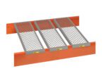 Steel grating bridge on an orange barrier with three silver grid panels for heavy-duty use, offering durability similar to Little Giant Perforated Rack Deck Channels for stability in tough environments.