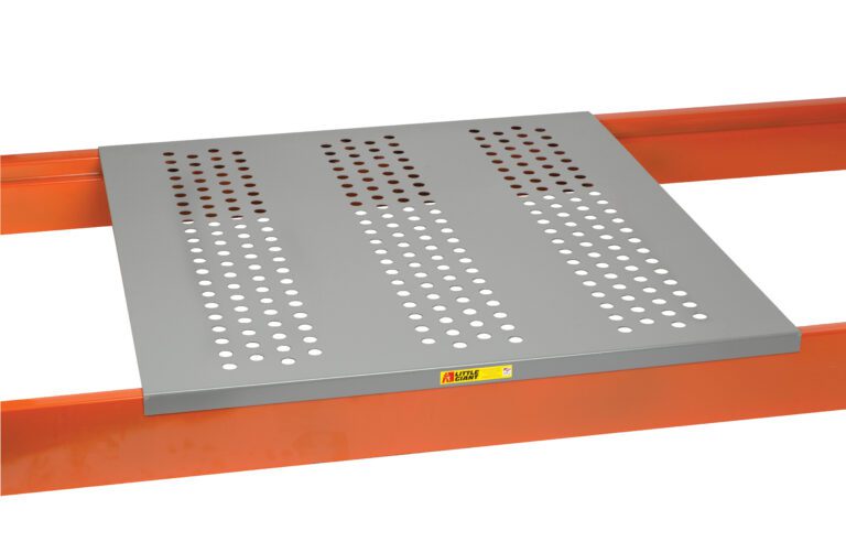 The Little Giant Perforated Steel Rack Decking has a perforated steel panel with three columns of round holes on two parallel orange beams. An industrial-style yellow label with bold black and red text is affixed to the panel.