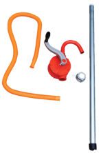 The Vestil Manual Drum Pump Steel 2 In Bung Size has a sturdy metal pump body, a vibrant red rotary handle, an orange corrugated hose with a silver suction pipe, and a metal hose clamp. The components are presented separately on a white background.