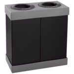 The MH-USA Corrugated Plastic Two Bin Trash System features a grey frame, black panels, dual compartments, and circular openings on top labeled for waste and plastics.