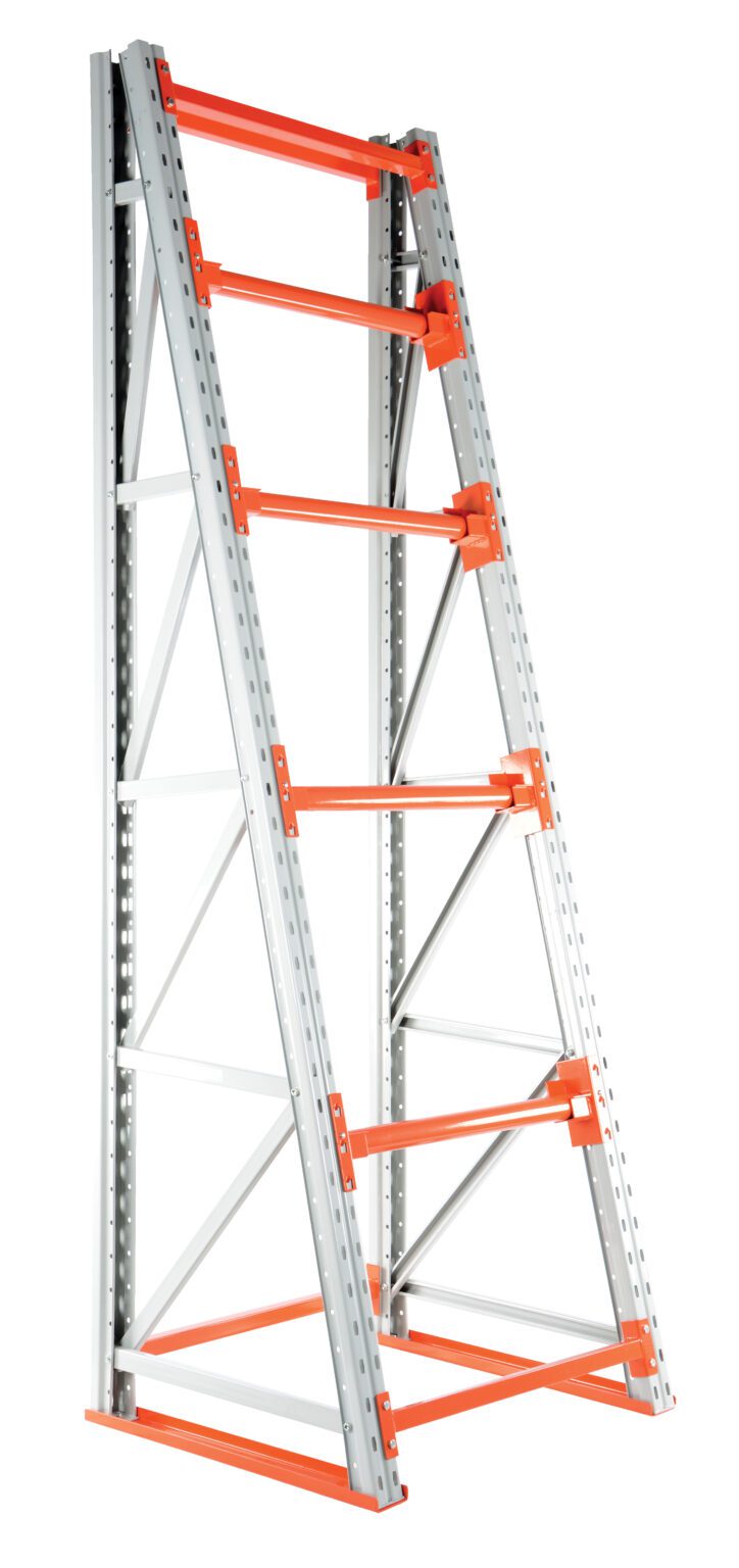The Vestil Reel Rack Starter Kit 36X39X123 6000 is a tall, silver rack with orange accents, featuring five shelves supported by angled beams and crossbars. The sturdy frame of the empty unit is displayed against a white background.