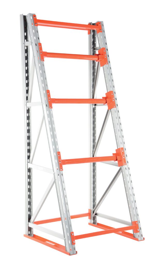 The Vestil Reel Rack Starter Kit 36X39X98.5 10000 features a freestanding metal shelving unit with inclined orange beams and a gray frame, providing a sturdy, industrial design ideal for storage and organization.