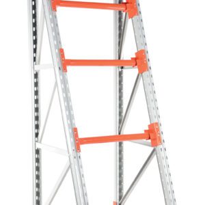 The Vestil Reel Rack Starter Kit 36X39X98.5 6000 includes a metal storage rack with silver vertical beams and orange horizontal bars, ideal for shelving. It features multiple levels to organize items within its free-standing angular frame.