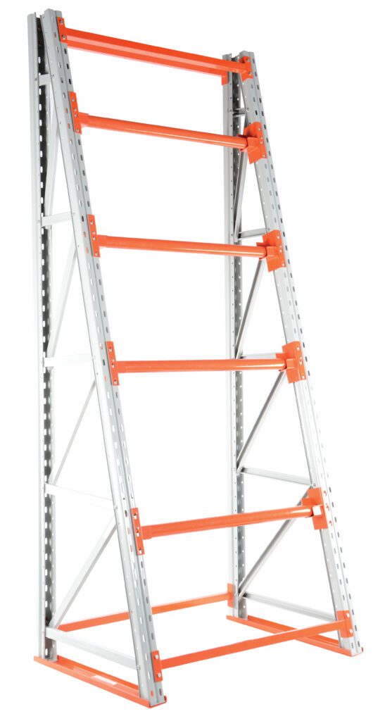 The Vestil Reel Rack Starter Kit 36X51X123 6000 includes a metal storage rack with five orange shelves and a sturdy gray frame. Its triangular side supports offer stability, making it ideal for heavy-duty applications.