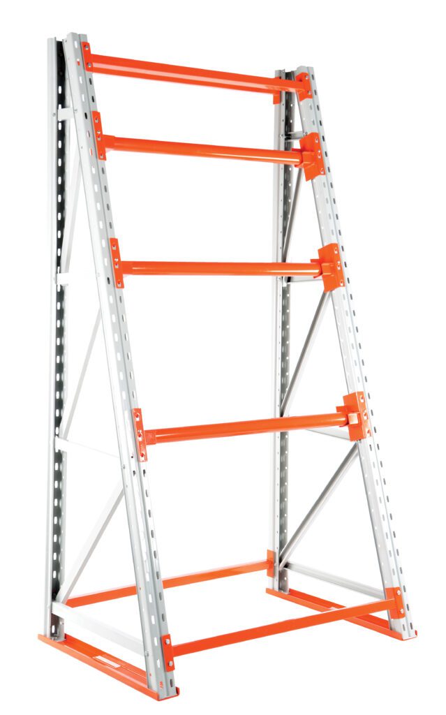 RERC-438-10_A.jpg The Vestil Reel Rack Starter Kit 36X51X98.5 10000 is a freestanding metal shelving unit with a silver frame and orange horizontal supports, featuring four levels and angled side supports for heavy-duty storage of up to 10,000 lbs.
