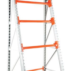The Vestil Reel Rack Starter Kit 36X51X98.5 6000 is a sturdy metal shelving unit in orange and gray, featuring an industrial design with four shelves supported by angled beams, ideal for storage and holding up to 6000 units.