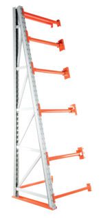 The Vestil Reel Rack Add-On Kit 36X36X123 6000 enhances spaces with its industrial metal shelving unit, vibrant orange brackets, and sleek silver frame. With five horizontal arms and sturdy diagonal support, this shelf stands upright for stability and style against a white background.