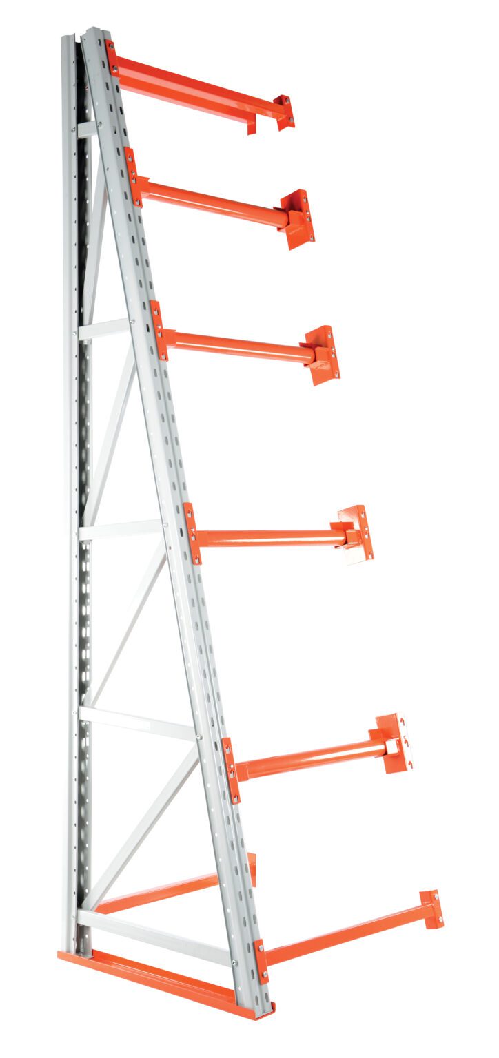 RERC-A-3310_A.jpg The Vestil Reel Rack Add-On Kit 36X36X123 6000 enhances spaces with its industrial metal shelving unit, vibrant orange brackets, and sleek silver frame. With five horizontal arms and sturdy diagonal support, this shelf stands upright for stability and style against a white background.