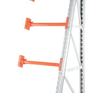 The Vestil Reel Rack Add-On Kit 36X36X98.5 10000 includes a gray metal cantilever frame with four orange arms designed for efficient storage, featuring an angled design with perforated details.