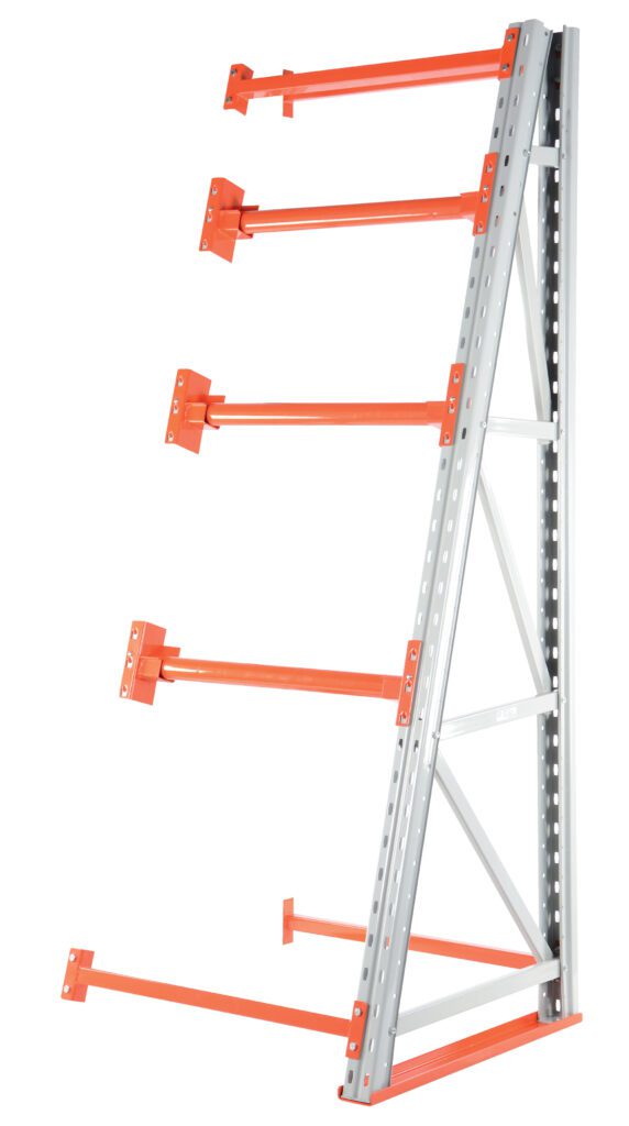RERC-A-338_A.jpg The gray metal cantilever rack with four orange adjustable arms, ideal for storing long, heavy items like timber or metal bars, complements the Vestil Reel Rack Add-On Kit 36X36X98.5 6000 to boost storage efficiency.