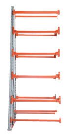 The metal storage rack has red-orange horizontal supports and includes the Vestil Reel Rack Add-On Kit 36X48X123 6000, with a capacity of 6,000 pounds. Its mostly empty, has seven evenly spaced horizontal beams, and stands against a white background.
