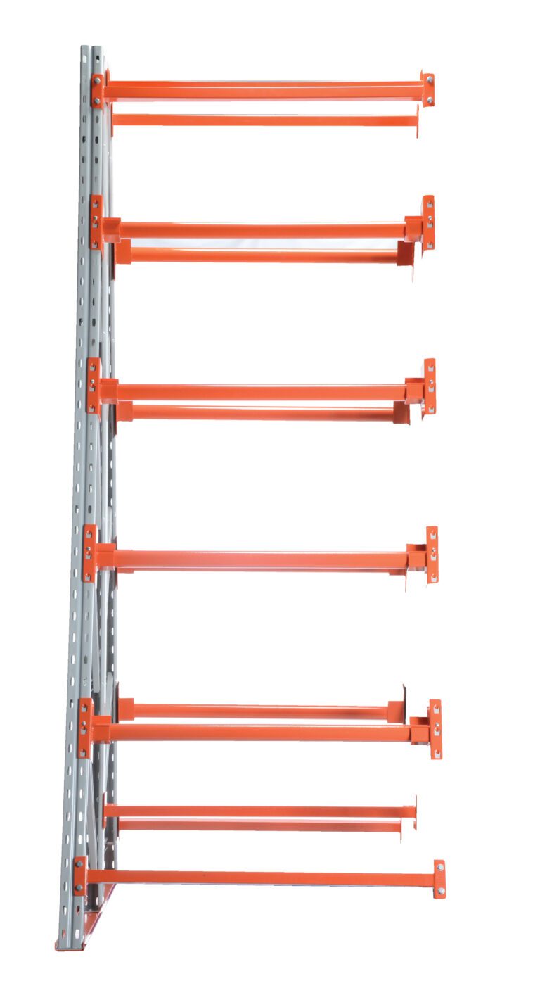 RERC-A-4310_A.jpg The metal storage rack has red-orange horizontal supports and includes the Vestil Reel Rack Add-On Kit 36X48X123 6000, with a capacity of 6,000 pounds. Its mostly empty, has seven evenly spaced horizontal beams, and stands against a white background.