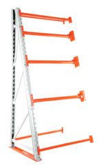 The industrial Vestil Reel Rack Add-On Kit 36X48X98.5 10000 enhances storage with a grey metal cantilever rack and five orange arms per side, angled for stability.