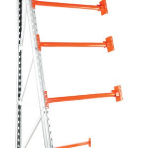 The industrial Vestil Reel Rack Add-On Kit 36X48X98.5 10000 enhances storage with a grey metal cantilever rack and five orange arms per side, angled for stability.