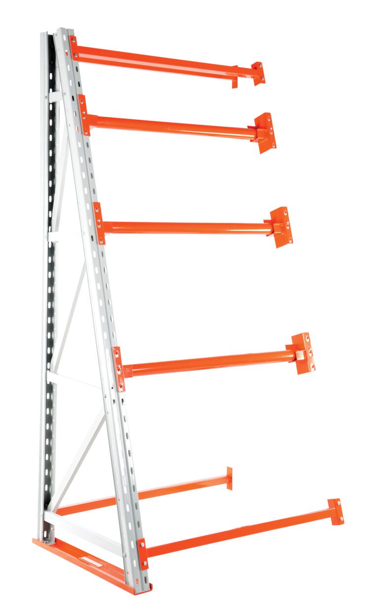 Angled view of an orange and gray metal cantilever storage rack similar to the Vestil Reel Rack Add-On Kit 36X48X98.5 6000, featuring four horizontal arms supported by a vertical back brace for stability.