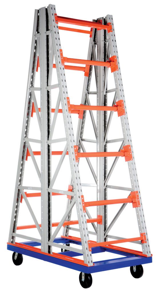 The Vestil Portable Two Sided Reel Rack (40X72.5X134.4) is a gray and orange metal A-frame cart on wheels for material transport, featuring multiple orange bars on both sides and a robust blue rectangular base with four wheels.