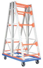 The Vestil Portable Two Sided Reel Rack 40X72.5X108 integrates into a mobile A-frame cart with orange steel crossbars, a blue base, and four wheels. Made from metallic grey beams, its ideal for securing materials or tools.