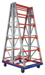 The Vestil Portable Two Sided Reel Rack 52.4X72.5X134.4 has an A-frame with red cross beams and silver vertical supports on a blue wheeled base, perfect for storage or transport with its sturdy industrial design for versatile use.