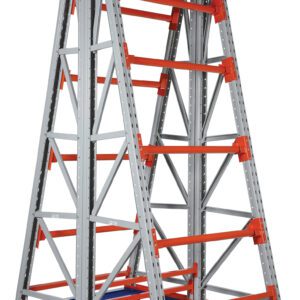 The Vestil Portable Two Sided Reel Rack 52.4X72.5X134.4 has an A-frame with red cross beams and silver vertical supports on a blue wheeled base, perfect for storage or transport with its sturdy industrial design for versatile use.