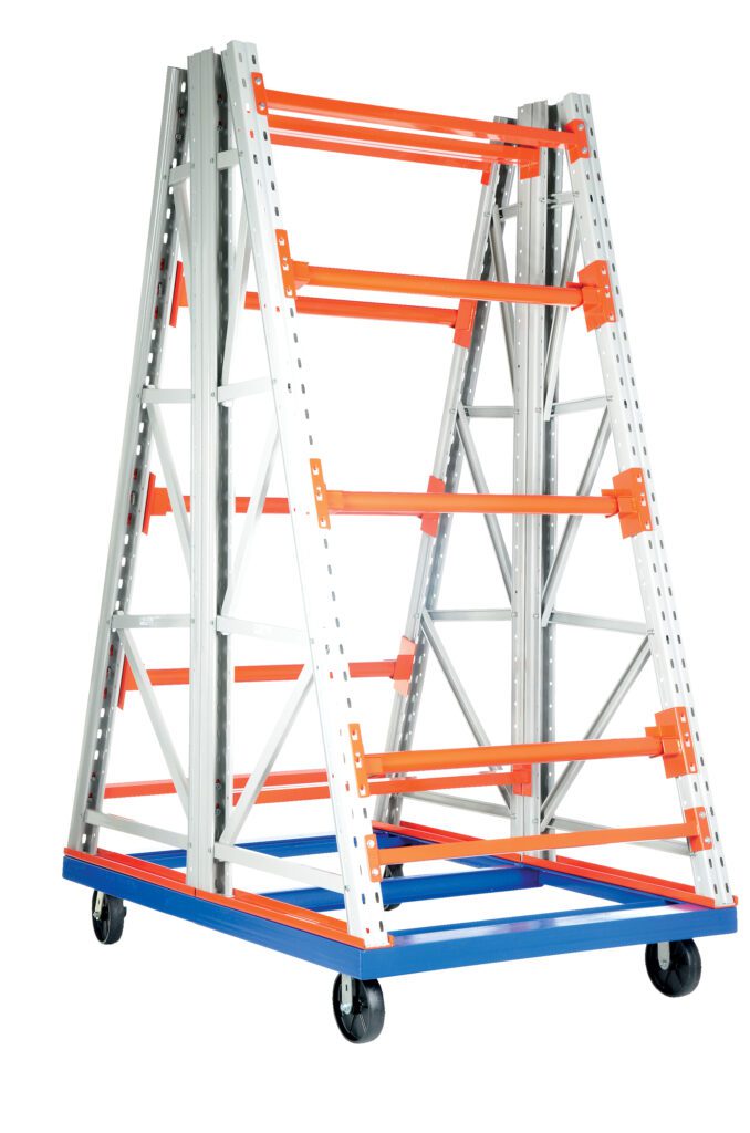 The Vestil Portable Two Sided Reel Rack 52.5X72.5X108 features a mobile industrial A-frame with a blue base, orange horizontal bars on a grey metal frame, and wheels for easy storage and transport, ideal for versatile use in any setting.