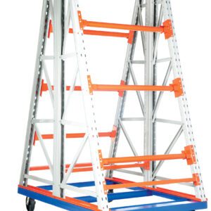 The Vestil Portable Two Sided Reel Rack 52.5X72.5X108 features a mobile industrial A-frame with a blue base, orange horizontal bars on a grey metal frame, and wheels for easy storage and transport, ideal for versatile use in any setting.
