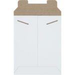 The 7 x 9 White Stayflats® Mailers (100/Case) feature a white, open-ended design with brown kraft paper at the top and two slots in the upper corners to secure the flap, making them ideal for safely mailing or storing documents.