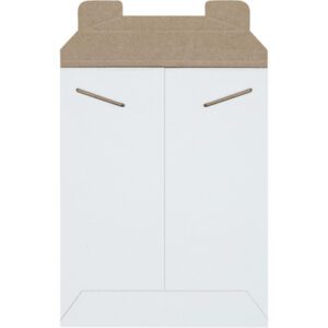 The 7 x 9 White Stayflats® Mailers (100/Case) feature a white, open-ended design with brown kraft paper at the top and two slots in the upper corners to secure the flap, making them ideal for safely mailing or storing documents.