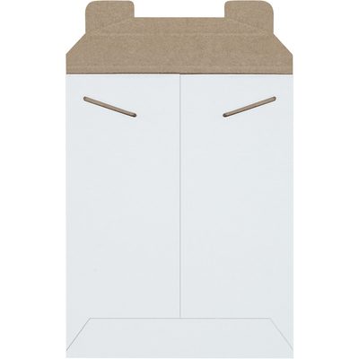RM10W.jpg The 7 x 9 White Stayflats® Mailers (100/Case) feature a white, open-ended design with brown kraft paper at the top and two slots in the upper corners to secure the flap, making them ideal for safely mailing or storing documents.