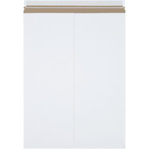 The 18 x 24 White Self-Seal Stayflats Plus® Mailers (50/Case) feature a plain design with a brown adhesive strip for secure sealing, ideal for mailing documents or flat items efficiently.