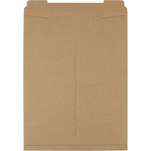 The 20 x 27 Kraft Stayflats® Mailer, a large brown cardboard envelope with a top flap, is perfect for mailing or storing documents. Photographed against a white background, its sleek and practical design is highlighted.