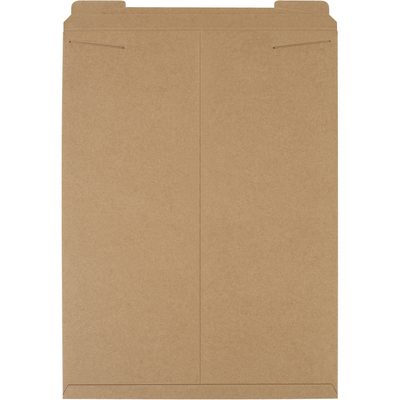 RM12.jpg The 20 x 27 Kraft Stayflats® Mailer, a large brown cardboard envelope with a top flap, is perfect for mailing or storing documents. Photographed against a white background, its sleek and practical design is highlighted.