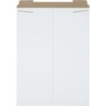 The 20 x 27 White Stayflats® Mailers, available in cases of 50, feature a cardboard flap with two diagonal slits for secure closure and are set against a plain white background.