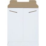 A brown cardboard folder with a flip-top lid and two V-cutouts stands upright on a white background, similar to the sturdy MH-USA 8 1/2 x 10 1/2 White Stayflats Mailers - 100 PER CASE, perfect for secure packaging of your essentials.