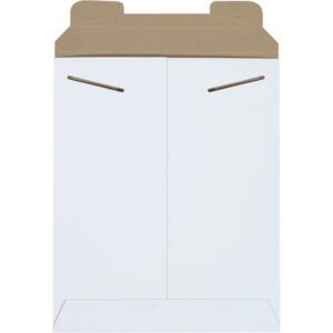 A brown cardboard folder with a flip-top lid and two V-cutouts stands upright on a white background, similar to the sturdy MH-USA 8 1/2 x 10 1/2 White Stayflats Mailers - 100 PER CASE, perfect for secure packaging of your essentials.