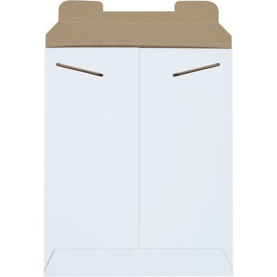 RM13W.jpg A brown cardboard folder with a flip-top lid and two V-cutouts stands upright on a white background, similar to the sturdy MH-USA 8 1/2 x 10 1/2 White Stayflats Mailers - 100 PER CASE, perfect for secure packaging of your essentials.