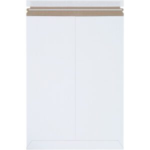 Depicted is a 13 x 18 White Self-Seal Stayflats Plus® Mailer with a brown peel-and-seal closure strip, shown laid flat with a vertical seam down the center. Available in cases of 100.